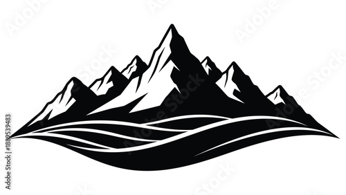 A stylized black and white illustration of a mountain range landscape