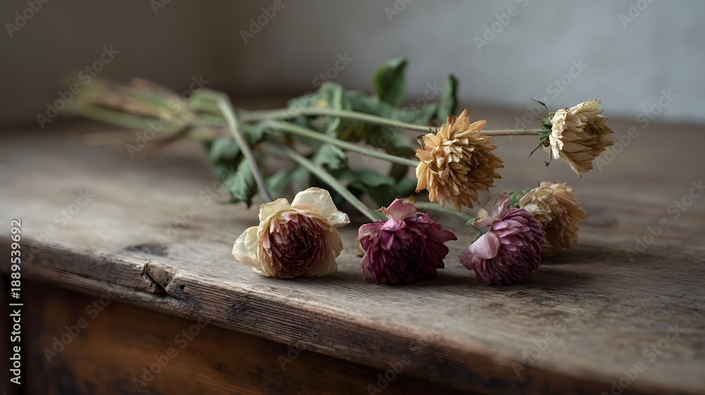 Fototapeta premium A bouquet of wilted flowers rests on a weathered wooden table evoking a sense of vintage tranquility