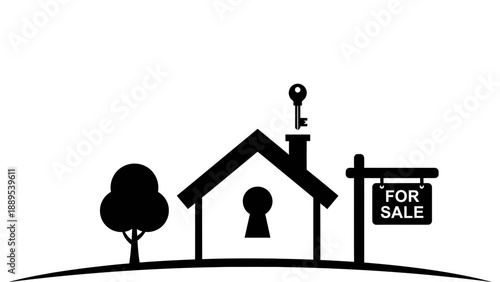 A black and white illustration of a house for sale with a key