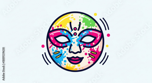 Vibrant colorful mask with paint splatters on face abstract artistic design element for creative projects and party themes