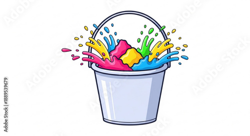 Colorful paint bucket with splashing pink blue yellow and green paint creative art supply