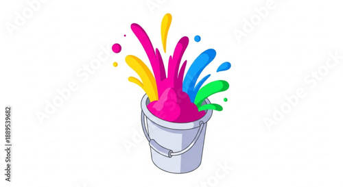 Colorful paint splashing out of a white bucket with pink blue green and yellow hues on a white background