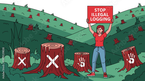 Activist holding Stop Illegal Logging sign protesting deforestation.