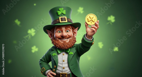 Cheerful leprechaun holding gold coin wearing green suit and hat with shamrocks st patrick's day concept with bright lighting and green background