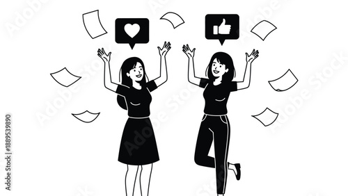 Two happy women celebrating social media success with likes and hearts