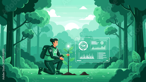 Environmental scientist monitoring forest health with advanced holographic interface.