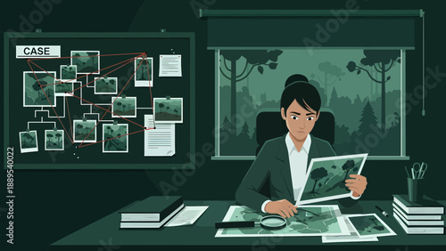 Female detective analyzing evidence in a dark office.