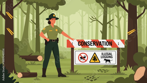 Female park ranger enforcing conservation laws against illegal logging.