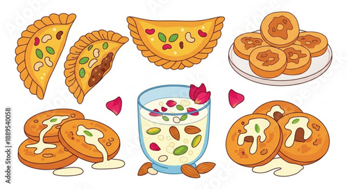 Assorted indian sweets and desserts with milkshake showcasing traditional treats like gulab jamun and samosas on a white background