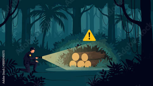 Forest Ranger Discovers Illegally Logged Wood Piles in Dark Jungle.