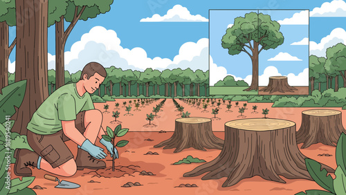 Man planting a tree in a deforested area symbolizing reforestation efforts and environmental restoration.