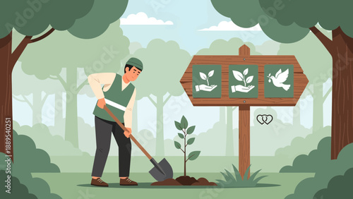 Man planting a tree in a forest for environmental conservation.