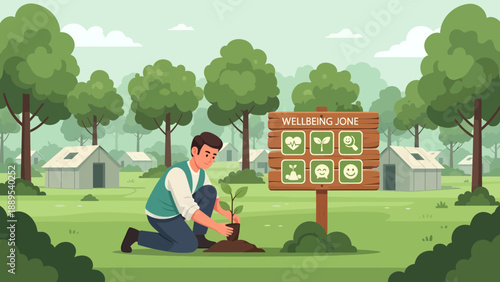 Man planting a small tree in a green field.