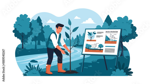 Man planting a tree in a natural environment.