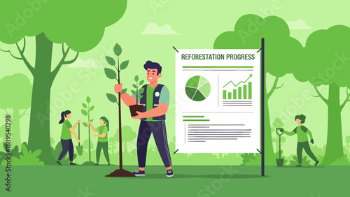 Man planting tree and presenting reforestation progress report.