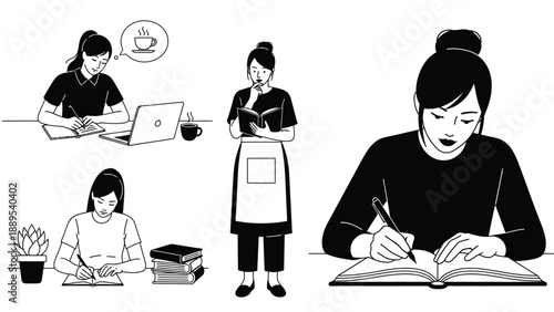 A woman engaged in various daily activities at home and work