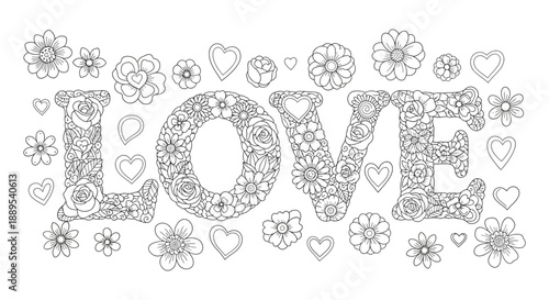 An intricate floral design forms the word love embellished with hearts and detailed botanical illustrations high quality professional