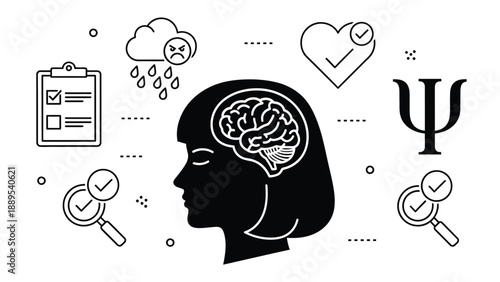 A black and white illustration of a woman's head with a brain and psychology symbols around her.