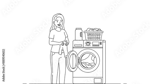 A cartoon woman doing laundry with a washing machine and colorful clothes