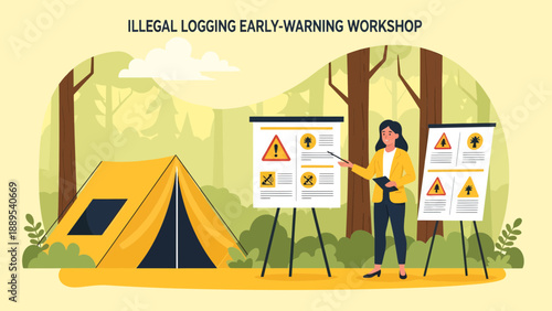 Woman leading an illegal logging early warning workshop in a forest setting.