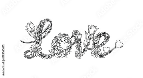 An intricately designed floral illustration spells out the word love incorporating roses tulips and leaves high quality professional