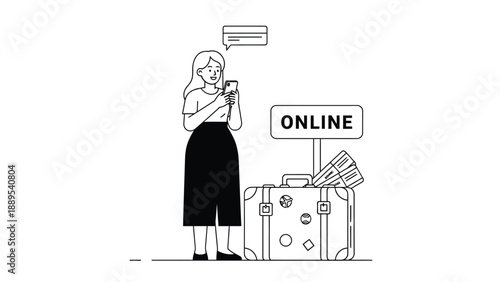 A woman booking travel online with her smartphone and luggage nearby