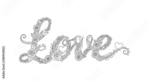 An intricate floral illustration spells out the word love with detailed roses leaves and heart shapes high quality