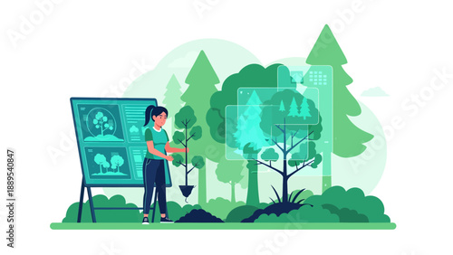 Woman planting a tree with a digital display showing environmental data.