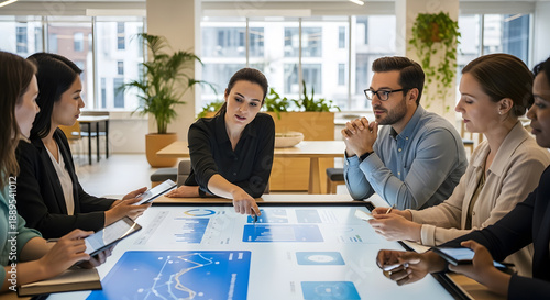 Group of professionals pointing at charts and financial graphs on a digital smart table in a bright room