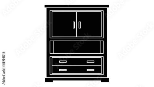 A black and white illustration of a modern storage cabinet