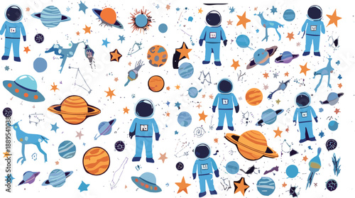 Seamless cartoon space pattern with astronauts planets stars and rockets, colorful outer space background, playful kids vector illustration
