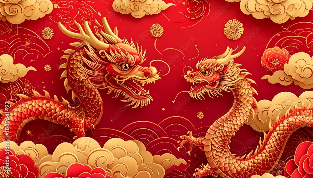Fototapeta premium Traditional Chinese Dragons Amidst Golden Clouds and Red Floral Motifs Symbolizing Good Fortune