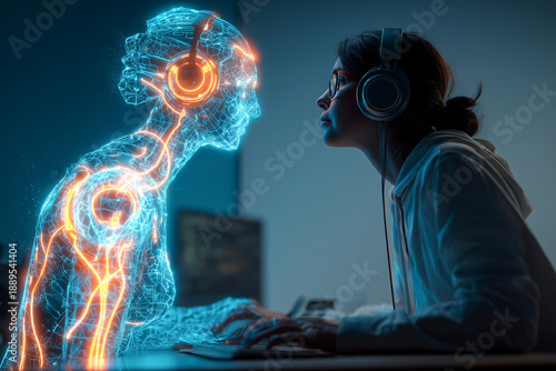 Female user interacts with a holographic digital avatar while wearing headphones, illuminated by blue and orange light in a modern tech workspace