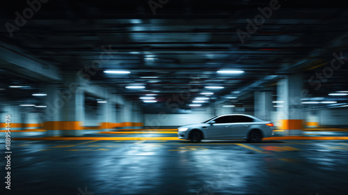 Car driving fast through motion blurred underground parking garage
