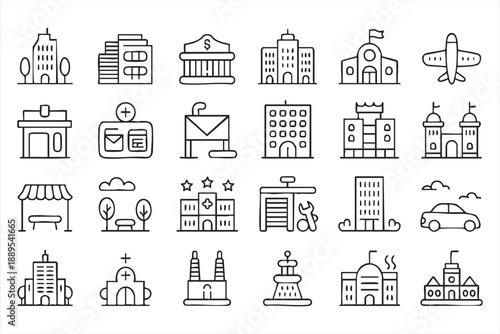 Travel Landmark Line Icons for Buildings and City Locations