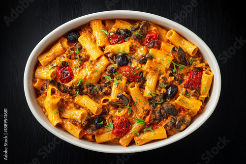 Baked rigatoni pasta with mushrooms, sun-dried tomatoes, and olives served in a white oval dish on a dark wooden table