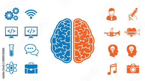 A colorful illustration of a brain with various icons representing technology and creativity