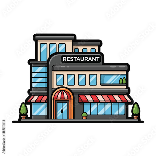 A cartoon-style illustration of a two-story restaurant building