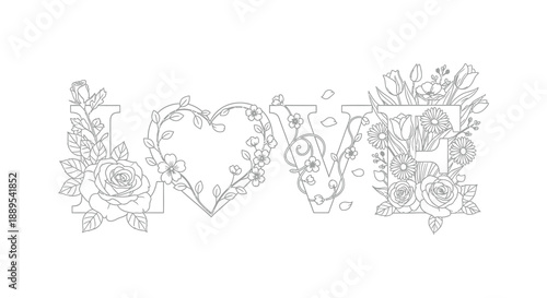 An intricate floral illustration spelling the word love with roses hearts and delicate leafy designs high quality professional