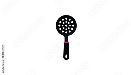 Black kitchen strainer with pink accent in minimalist style on white background for cooking utensils