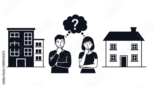 A couple deciding between a modern apartment and a cozy house