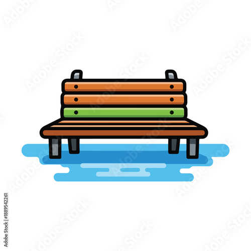 A cartoon-style wooden bench with a puddle underneath