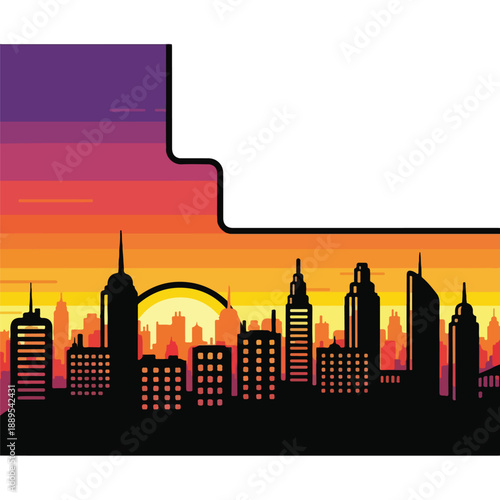 A city skyline at sunset with a black outline