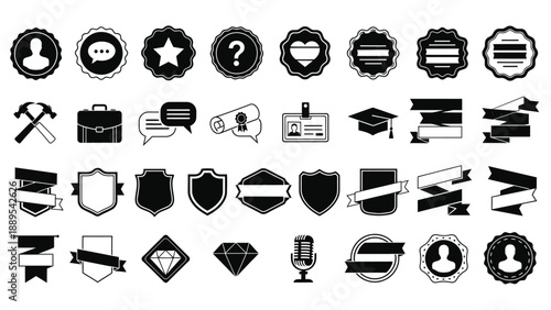 A collection of various black and white icons on a white background