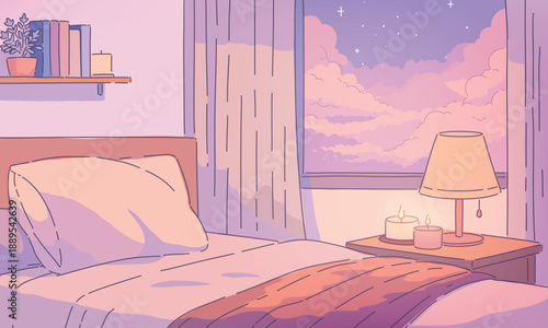 Cozy pastel bedroom interior background with warm evening light vector illustration