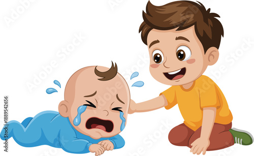 Sibling Care Illustration Set Little Boy Comforting Baby Brother