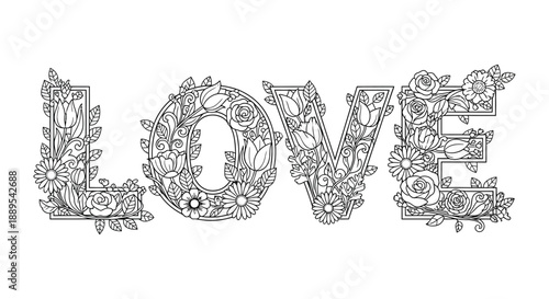 An intricate floral design spells out the word love showcasing detailed botanical illustrations and delicate linework high quality