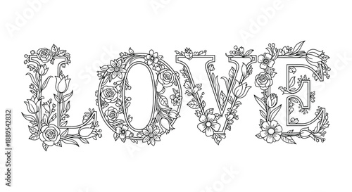 An intricate floral design spells out the word love featuring detailed roses and leafy embellishments high quality professional