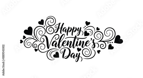 Elegant black and white lettering proclaims happy valentine s day surrounded by swirling flourishes and heart shapes high quality