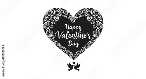 A delicately outlined heart shape displays a valentine s day message with floral swirls and a small bird illustration